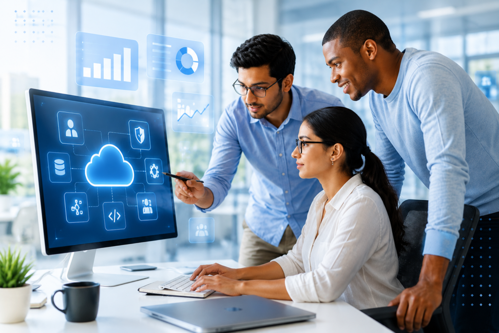 SaaS application development team collaborating on cloud software